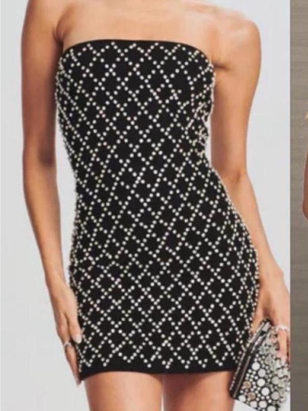 Retrofete Black Strapless Mini Dress with White Pearl Grid